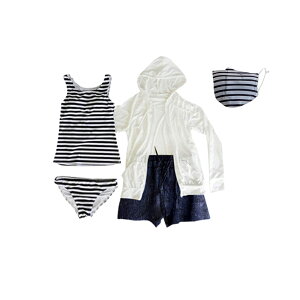 【タンキニ水着5点セット】レディース 体型カバー 長袖 ラッシュガード フード付 セパレート 大きいサイズ 20/30/40/50代 ミセス ショートパンツ スポーツウェア 小胸 盛れる 二の腕/お腹/太も