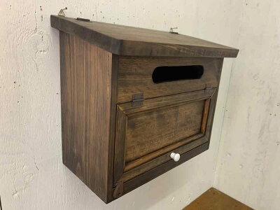 ポスト横型ダークブラウン37×20×30cmフラット開閉本体奥行17cm大容量木製ひのきハンドメイドオーダーメイド