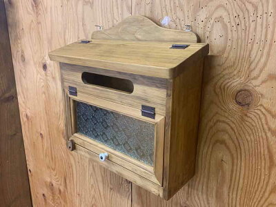 ポスト横型アンティークブラウン37×14×36cmフローラガラス郵便受け木製ひのきハンドメイドオーダーメイド