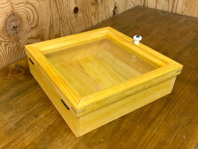 アクセサリーケース透明ガラスナチュラル24×24×7cm陶器つまみ木製ひのきハンドメイドオーダーメイド