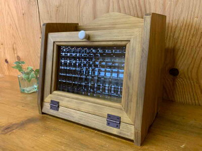 ブレッドケースミニミニサイズチェッカーガラス扉25×17×23cmアンティークブラウン木製ひのきハンドメイドオーダーメイド