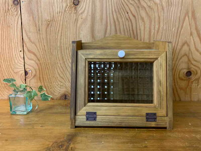 ブレッドケースミニミニサイズチェッカーガラス扉25×17×23cmアンティークブラウン木製ひのきハンドメイドオーダーメイド