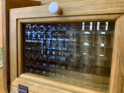 ブレッドケースミニミニサイズチェッカーガラス扉25×17×23cmアンティークブラウン木製ひのきハンドメイドオーダーメイド