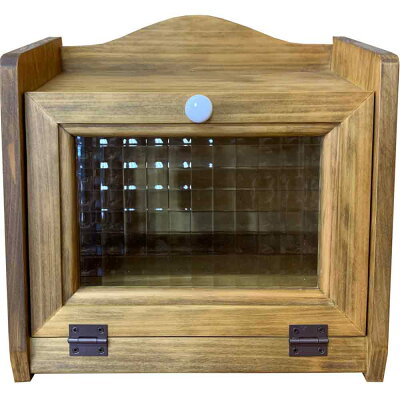 ブレッドケースミニミニサイズチェッカーガラス扉25×17×23cmアンティークブラウン木製ひのきハンドメイドオーダーメイド