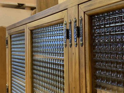 キャビネットチェッカーガラス扉棚付きアンティークブラウン120×30×40cm木製ひのきハンドメイドオーダーメイド