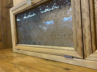 横型キャビネットアンティークブラウン80×15×26cmパンプキンノブフローラガラスダブル扉木製ひのきハンドメイドオーダーメイド