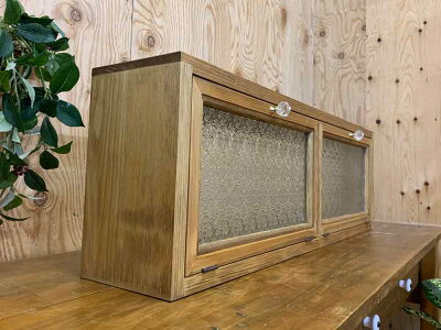 横型キャビネットアンティークブラウン80×15×26cmパンプキンノブフローラガラスダブル扉木製ひのきハンドメイドオーダーメイド