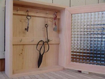 キーボックス無塗装白木25×7×30cmチェッカーガラスニッチ用埋込タイプ木製ひのきハンドメイドオーダーメイド