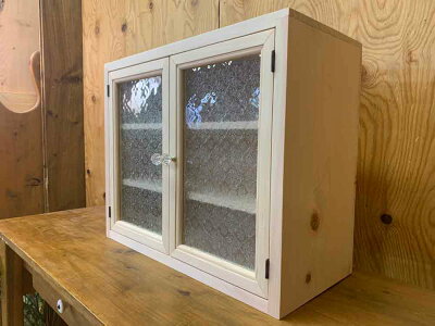 キャビネット壁掛け無塗装白木50×23×41cmフローラガラスパンプキンノブ棚可動式木製ひのきハンドメイドオーダーメイド
