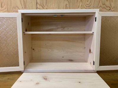 キャビネット壁掛け無塗装白木50×23×41cmフローラガラスパンプキンノブ棚可動式木製ひのきハンドメイドオーダーメイド