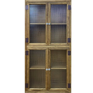 キャビネット 縦型 チェッカーガラス扉 50×22×106cm アンティークブラウン 木製 ひのき ハンドメイド オーダーメイド