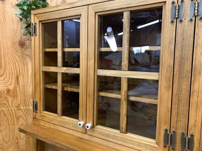 吊り戸棚透明ガラス扉アンティークブラウンw120d30h50cm木製扉桟入り壁掛け木製ひのきハンドメイドオーダーメイド