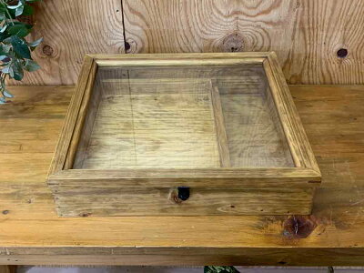 アクセサリーケーストレイつきアンティークブラウン38×35×10cm傾斜タイプ掛け金付きつまみなし木製ひのきオーダーメイド