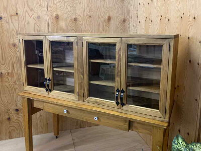 横型キャビネットアンティークブラウンw120d30h50cmキッチン吊り戸棚透明ガラス扉木製ひのきオーダーメイド