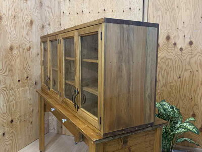 横型キャビネットアンティークブラウンw120d30h50cmキッチン吊り戸棚透明ガラス扉木製ひのきオーダーメイド