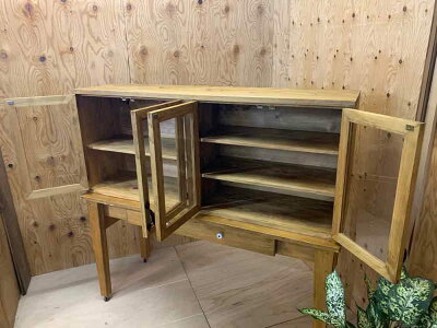 横型キャビネットアンティークブラウンw120d30h50cmキッチン吊り戸棚透明ガラス扉木製ひのきオーダーメイド