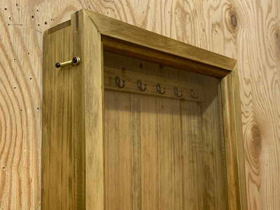 アクセサリーケースアンティークブラウン28×7×55cmロングタイプ透明ガラスU字フック付き真鍮つまみ木製ひのきハンドメイドオーダーメイド