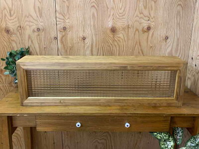 キッチンカウンター上収納90x17x25cmアンティークブラウンチェッカーガラスキッチン見せる収納ボックススパイスラック木製ひのきハンドメイドオーダーメイド
