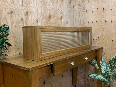 キッチンカウンター上収納90x17x25cmアンティークブラウンチェッカーガラスキッチン見せる収納ボックススパイスラック木製ひのきハンドメイドオーダーメイド