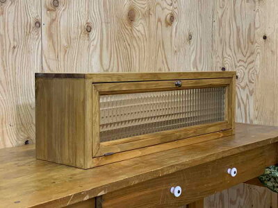 キャビネットチェッカーガラスアンティークブラウン65x17x20cm真鍮つまみ横型木製ひのきハンドメイドオーダーメイド