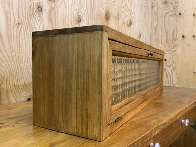 キャビネットチェッカーガラスアンティークブラウン65x17x20cm真鍮つまみ横型木製ひのきハンドメイドオーダーメイド