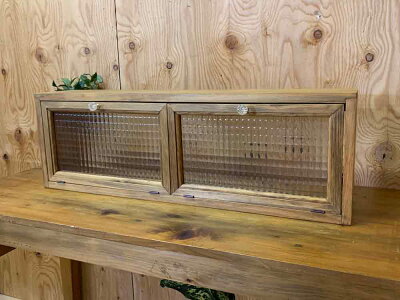 横型キャビネットチェッカーガラスアンティークブラウン80×15×26cmパンプキンノブダブル扉木製ひのきハンドメイドオーダーメイド