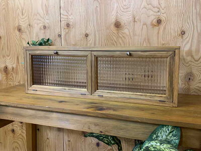 横型キャビネットチェッカーガラスアンティークブラウン80×15×26cm真鍮つまみダブル扉木製ひのきハンドメイドオーダーメイド