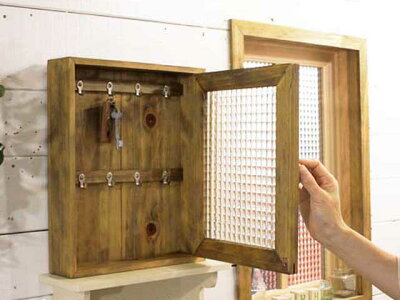 キーボックスアンティークブラウン28×7×35cmチェッカーガラスニッチ用埋込タイプ木製ひのきハンドメイドオーダーメイド