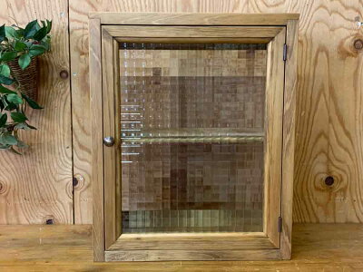 キャビネットアンティークブラウン38×14×46cmチェッカーガラスニッチ用可動棚真鍮つまみ木製ひのきハンドメイドオーダーメイド