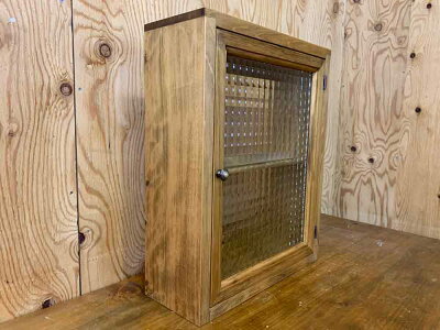 キャビネットアンティークブラウン38×14×46cmチェッカーガラスニッチ用可動棚真鍮つまみ木製ひのきハンドメイドオーダーメイド