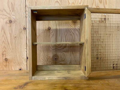 キャビネットアンティークブラウン38×14×46cmチェッカーガラスニッチ用可動棚真鍮つまみ木製ひのきハンドメイドオーダーメイド