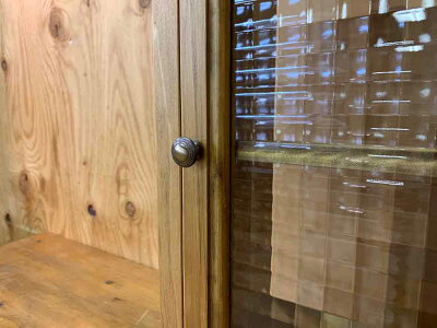キャビネットアンティークブラウン38×14×46cmチェッカーガラスニッチ用可動棚真鍮つまみ木製ひのきハンドメイドオーダーメイド