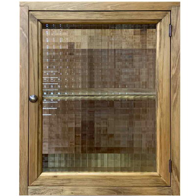 キャビネットアンティークブラウン38×14×46cmチェッカーガラスニッチ用可動棚真鍮つまみ木製ひのきハンドメイドオーダーメイド