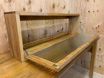 横型キャビネットフラップダウン式チェッカーガラスアンティークブラウン85×15×29cm真鍮つまみ背面上下桟木製ひのきハンドメイドオーダーメイド