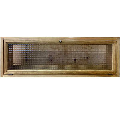 横型キャビネットフラップダウン式チェッカーガラスアンティークブラウン85×15×29cm真鍮つまみ背面上下桟木製ひのきハンドメイドオーダーメイド