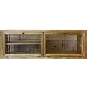 横型キャビネット チェッカーガラス アンティークブラウン 85×15×29cm フラップダウン式 仕切り棚 ダブル扉 真鍮つまみ ニッチ 木製 ひのき ハンドメイド オーダーメイド