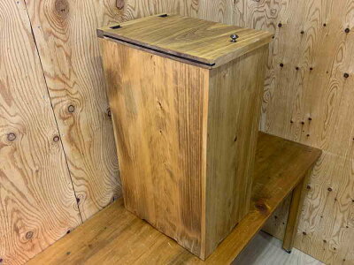 ダストボックスアンティークブラウン25x33x60cmふた付き真鍮つまみ木製ひのきハンドメイドオーダーメイド
