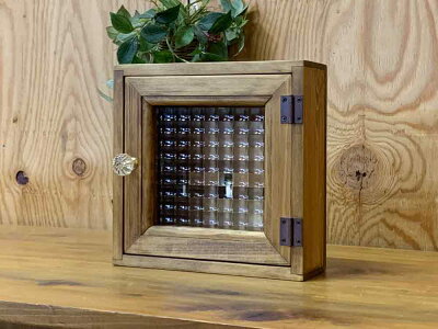 キーボックスアンティークブラウン20×7×20cmチェッカーガラスパンプキンノブニッチ用木製ひのきハンドメイドオーダーメイド