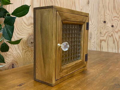 キーボックスアンティークブラウン20×7×20cmチェッカーガラスパンプキンノブニッチ用木製ひのきハンドメイドオーダーメイド