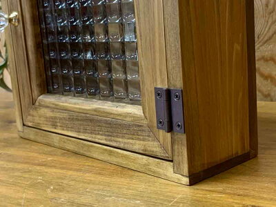 キーボックスアンティークブラウン20×7×20cmチェッカーガラスパンプキンノブニッチ用木製ひのきハンドメイドオーダーメイド