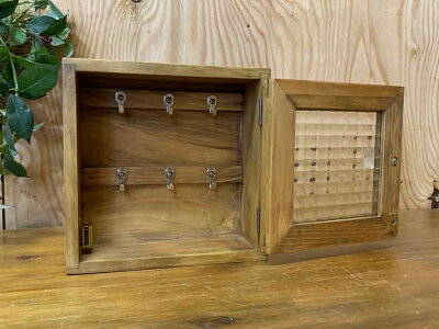 キーボックスアンティークブラウン20×7×20cmチェッカーガラスパンプキンノブニッチ用木製ひのきハンドメイドオーダーメイド