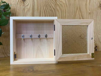 キーボックス無塗装白木20×7×20cmフローラガラスフック4個パンプキンノブニッチ用木製ひのきハンドメイドオーダーメイド