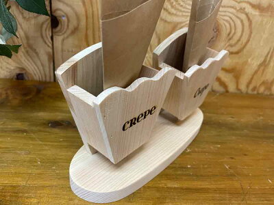 クレープスタンド無塗装白木10×7×12.5cmダブル文字あり木製ひのきハンドメイドオーダーメイド