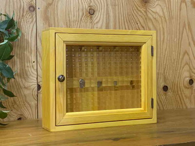 キーボックスナチュラル30×7×25cmチェッカーガラス真鍮つまみシルバーフック木製ひのきハンドメイドオーダーメイド