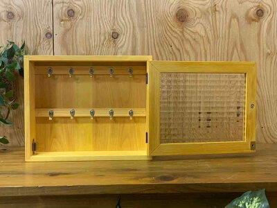 キーボックスナチュラル30×7×25cmチェッカーガラス真鍮つまみシルバーフック木製ひのきハンドメイドオーダーメイド