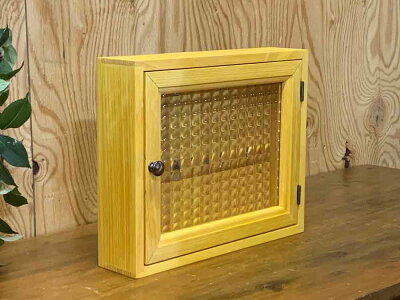キーボックスナチュラル30×7×25cmチェッカーガラス真鍮つまみシルバーフック木製ひのきハンドメイドオーダーメイド