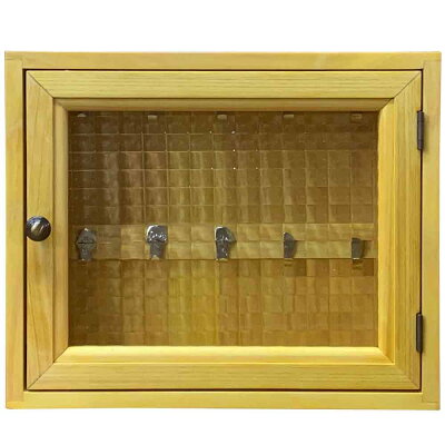 キーボックスナチュラル30×7×25cmチェッカーガラス真鍮つまみシルバーフック木製ひのきハンドメイドオーダーメイド