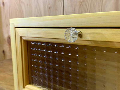 横型キャビネットチェッカーガラス40×13×20cmナチュラルパンプキンノブ背板あり木製ひのきハンドメイドオーダーメイド