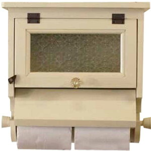 トイレットペーパーホルダー ダブル 押さえカバー アンティークホワイト w30d15.5h30cm フローラガラス 木製 ひのき ハンドメイド オーダーメイド