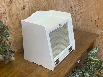 ブレッドケースアンティークホワイト35×25×32cmチェッカーガラスパンプキンノブ木製ひのきハンドメイドオーダーメイド